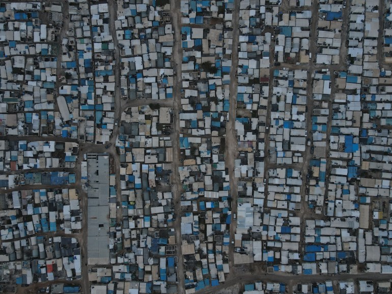 An aerial view of the Al-Karama camps for displaced civilians on the Syrian-Turkish border