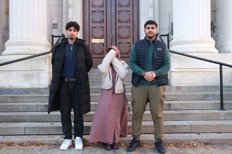 Hasan Sajjad, Aisha Naushahi Hasan and Arsalan Ilyas, high school students at Luton Sixth Form College, who were among the leaders of the walkout protest action on November 18, 2023 [Aina Khan/Al Jazeera]