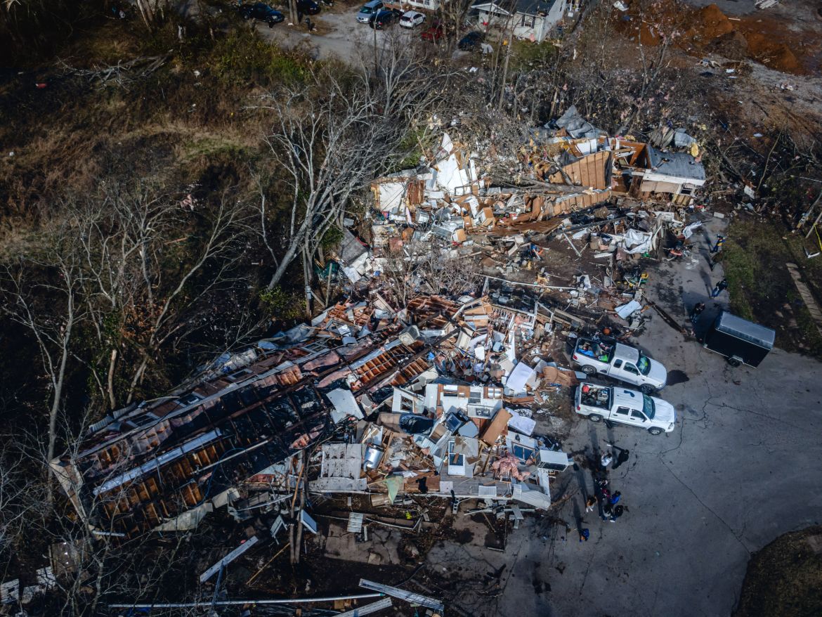 In an aerial view, a mobile home park where three people perished is seen in the aftermath of a tornado on December 10, 2023 in Madison, Tennessee.