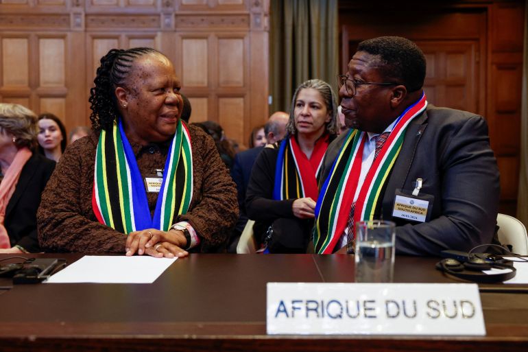 South African Foreign Minister Naledi Pandor and South African Ambassador to the Netherlands Vusimuzi Madonsela speak on the day the International Court of Justice (ICJ) rule on emergency measures against Israel following accusations by South Africa that the Israeli military operation in Gaza is a state-led genocide, in The Hague, Netherlands, January 26, 2024. REUTERS/Piroschka van de Wouw