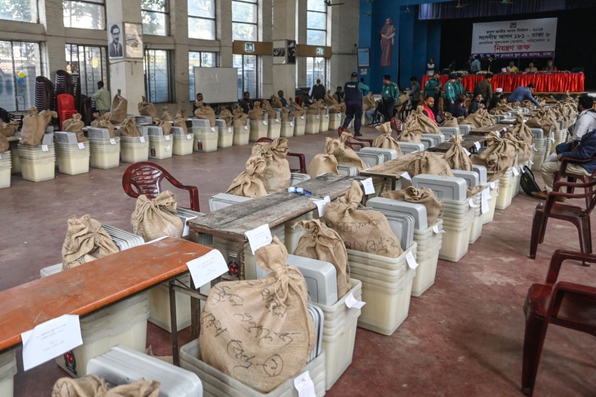 Ballot boxes and polling materials are seen at a distributing centre in Dhaka on January 6, 2024, on the eve of Bangladesh's general election.