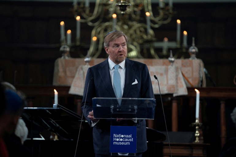 Dutch King Willem Alexander speaks an opening ceremony of the National Holocaust Museum at the Portuguese synagogue in Amsterdam, Netherlands, March 10, 2024