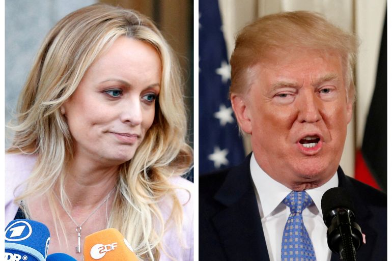 FILE PHOTO: A combination photo shows adult film actress Stephanie Clifford, also known as Stormy Daniels speaking in New York City, and then- U.S. President Donald Trump speaking in Washington, Michigan, U.S. on April 16, 2018 and April 28, 2018 respectively. REUTERS/Brendan Mcdermid (L) REUTERS/Joshua Roberts/File Photo
