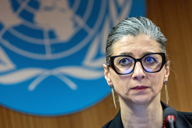 Francesca Albanese, UN special rapporteur on human rights in the Palestinian territories, attends a side event during the Human Rights Council at the United Nations in Geneva, Switzerland.