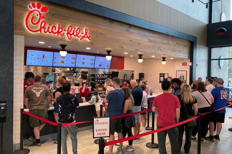 People line up to order fast food, Chick-fil-A restaurant
