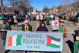 A pro-Palestine group marches in the "St Pats for All" Parade in Queens, New York, on March 3rd. The parade, an inclusive alternative to the official city parade, is supported by the Irish Department of Foreign Affairs [Delaney Nolan/Al Jazeera]