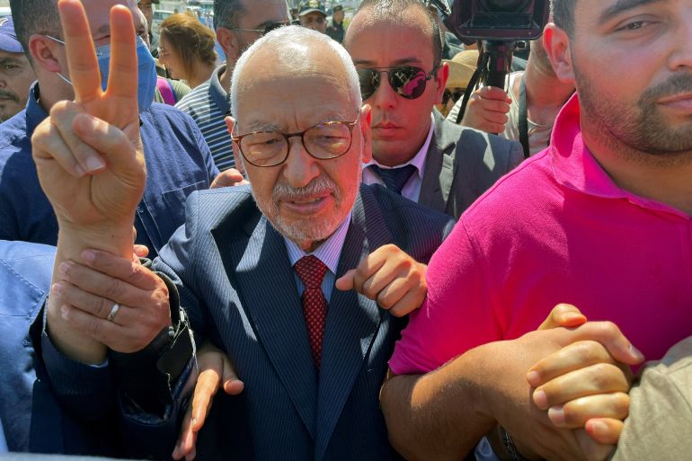 Tunisia's Islamist movement leader Rached Ghannouchi gestures upon arrival at court in Tunis, Tunisia July 19, 2022. REUTERS/Jihed Abidellaoui