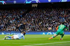 Real Madrid&#039;s Rodrygo scores their first goal [Jason Cairnduff/Reuters]