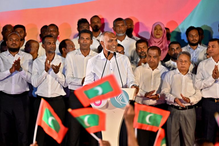 Maldives President Mohamed Muizzu addresses his supporters during celebrations after his People's National Congress (PNC) party earned a landslide victory in parliamentary elections in Male, Maldives April 22, 2024.