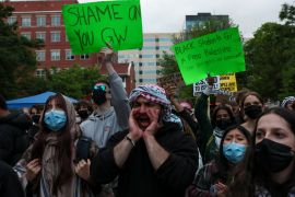 Protesters are the encampment at George Washington University&#039;s University Yard [Leah Millis/Reuters]