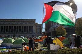 Students protest at an encampment supporting Palestinians on the Columbia University campus in New York City, April 25 [Caitlin Ochs/Reuters]