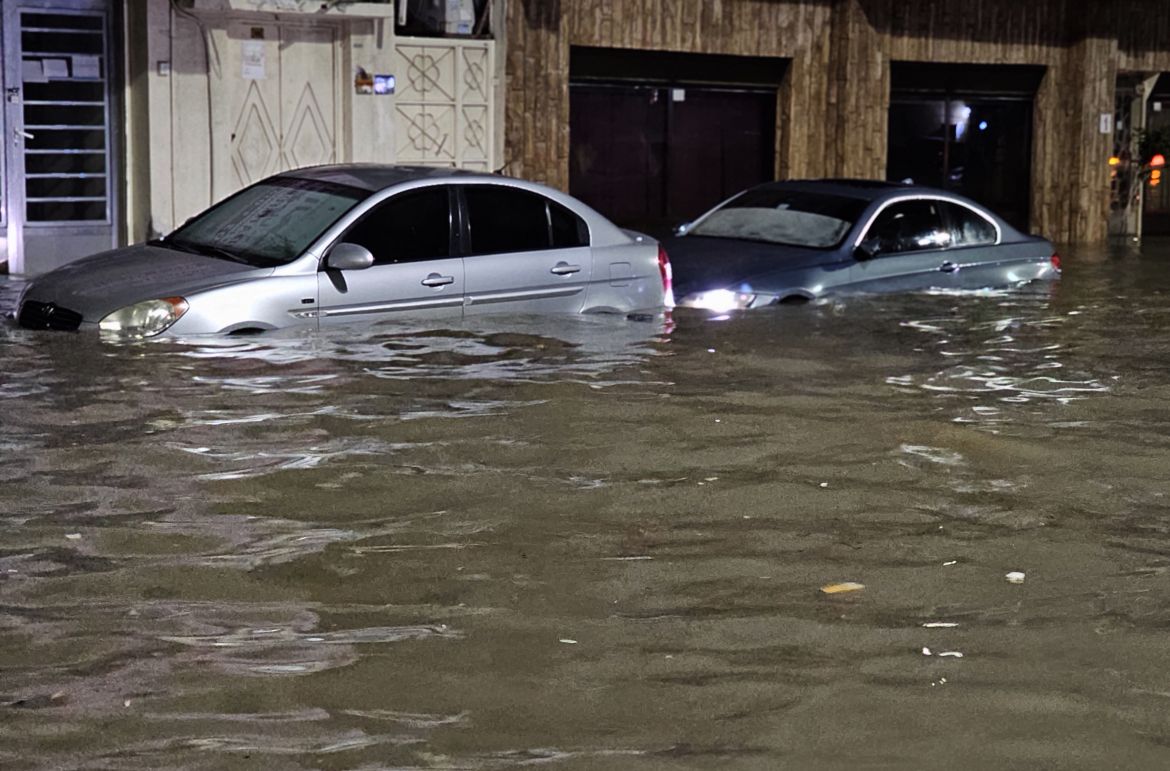 flooded street during a rain storm in Dubai,