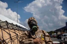 A Ukrainian rescuer attends an exercise in Zaporizhzhia in case of a possible nuclear incident at the city&#039;s nuclear power plant [File: Dimitar Dilkoff/AFP]