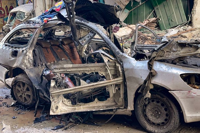 The car in which three sons of Hamas leader Ismail Haniyeh were reportedly killed in an Israeli air strike is pictured in al-Shati camp