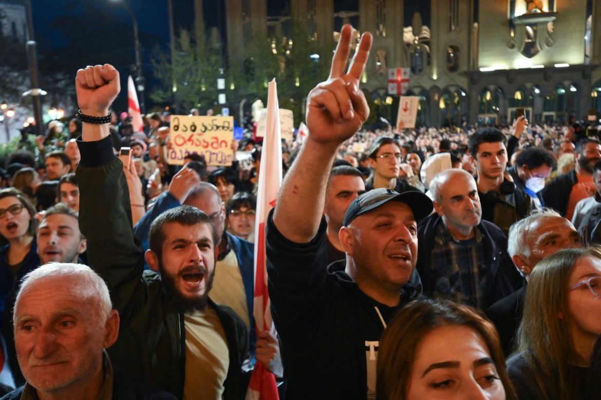 Georgian pro-democracy groups activists protest against a repressive 
