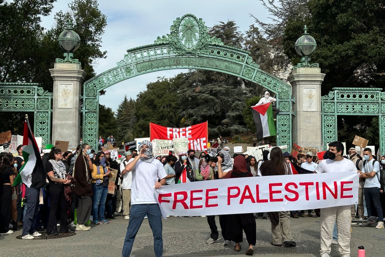 A student protest about the war in Israel/Gaza takes place at the University of California, Berkeley's Sather Gate on Monday, Oct. 16, 2023. (AP Photo/Michael Liedtke)