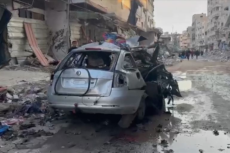 The car in which three sons of Hamas leader Ismail Haniyeh were reportedly killed in an Israeli air strike is pictured in Gaza's al-Shati refugee camp