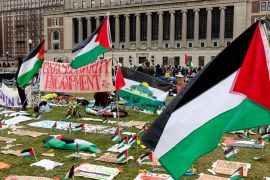 Pro-Palestinian students occupy a central lawn on the Columbia University campus in New York City. [Andrew Lichtenstein/Corbis via Getty Images]