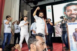 Congress leader and candidate from Kerala&rsquo;s Vadakara Lok Sabha constituency Shafi Parambil addresses an election campaign in Sharjah in the United Arab Emirates [Photo: KMCC Handout]