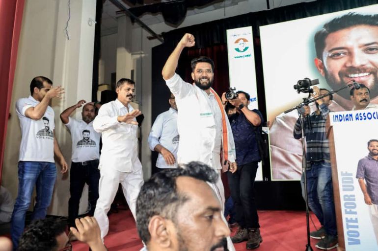 Congress leader and candidate from Kerala’s Vadakara Lok Sabha constituency Shafi Parambil addresses an election campaign in Sharjah in the United Arab Emirates. (Photo/ KMCC Handout)