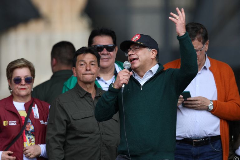 Colombian President Gustavo Petro speaks at a rally in Bogota
