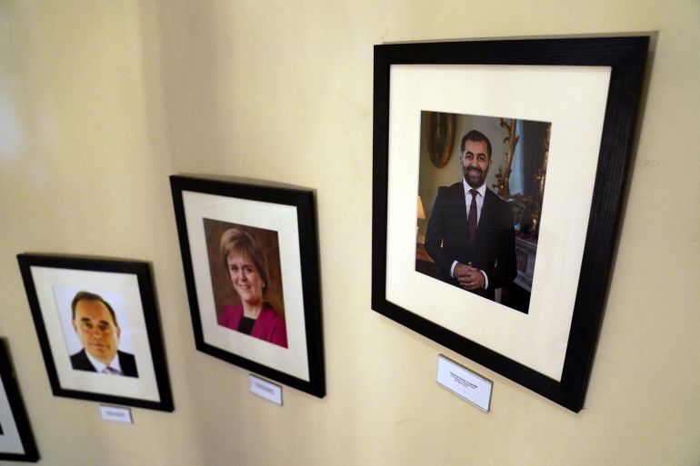 Photos of Scotland's First Minister are displayed on a wall in Bute House, the official residence, where Scotland's First Minister Humza Yousaf said he will resign as SNP leader and Scotland's First Minister, avoiding having to face a no-confidence vote in his leadership, in Edinburgh, Britain, April 29, 2024. Andrew Milligan/Pool via REUTERS