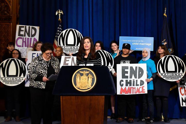Sonia Ossorio President of the New York chapter of the National Organization for women speaks in favor of Gov. Andrew Cuomo's legislation to raise the age of consent to marry from age 14 to18-years-old during a news conference at the Capitol on Wednesday, March 22, 2017, in Albany, N.Y. (AP Photo/Hans Pennink)