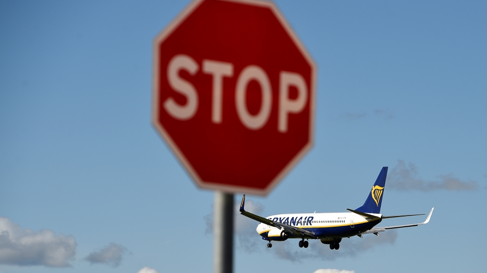 A Ryanair aeroplane prepares to land at Dublin airport in Dublin