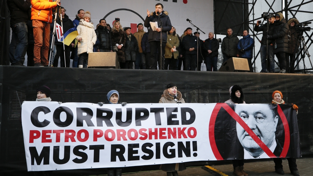 Ukrainian opposition figure Saakashvili addresses his supporters during a rally in Kiev