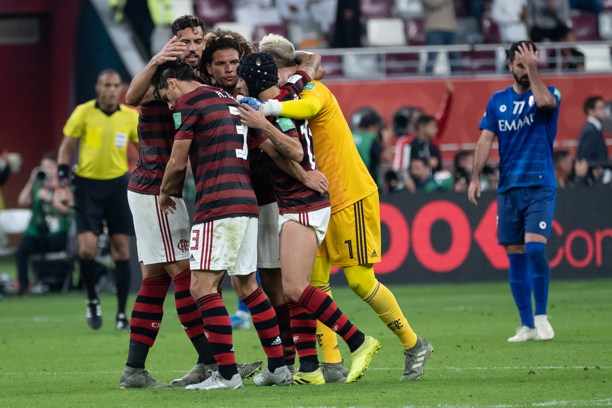 Flamengo players celebrate their third goal. [Sorin Furcoi/Al Jazeera]