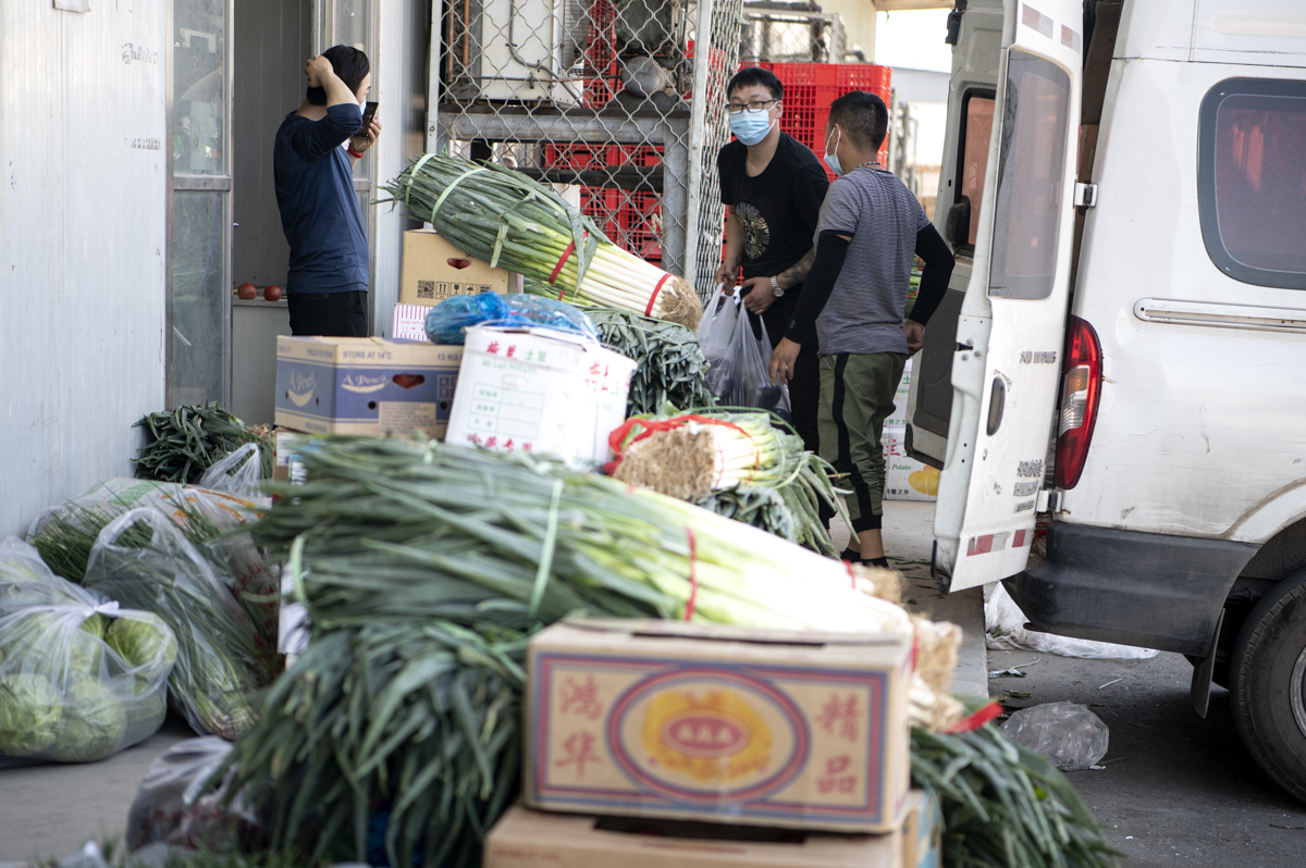 Workers sort vegetables at the closed Xinfadi market. [Noel Celis/AFP]