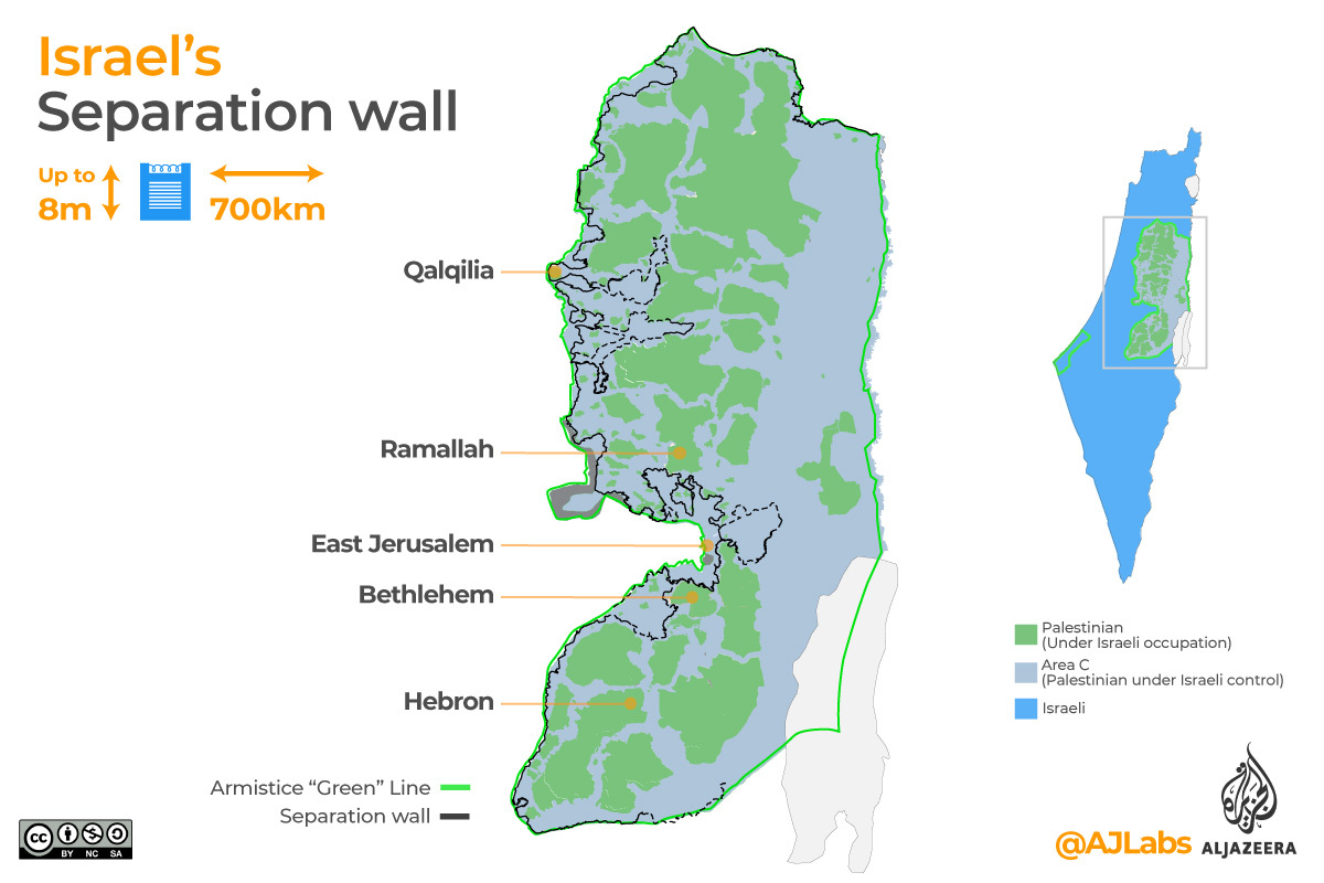 About 85 percent of the wall falls within the West Bank rather than running along the internationally recognised 1967 boundary, known as the Green Line. [Al Jazeera]