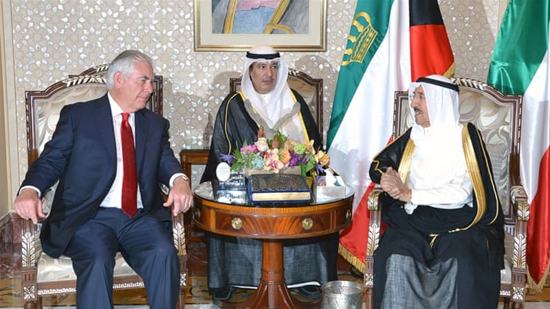 The Emir of Kuwait Sheikh Sabah Al Ahmad Al Sabah hosted a meeting with Tillerson on Monday evening [KUNA/AFP]