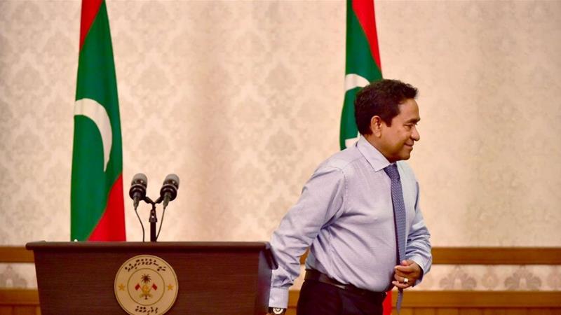 Maldivian President Abdulla Yameen leaves after giving a statement at President office in Male, Maldives [President handout/Reuters]