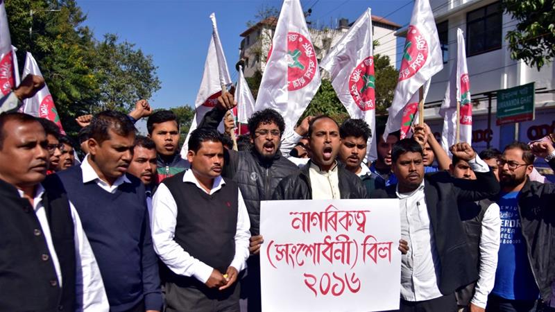 Activists from the All Assam Students Union (AASU) protest against a bill that would give citizenship to non-Muslims from neighbouring countries on January 7 [Reurters/Anuwar Hazarika]