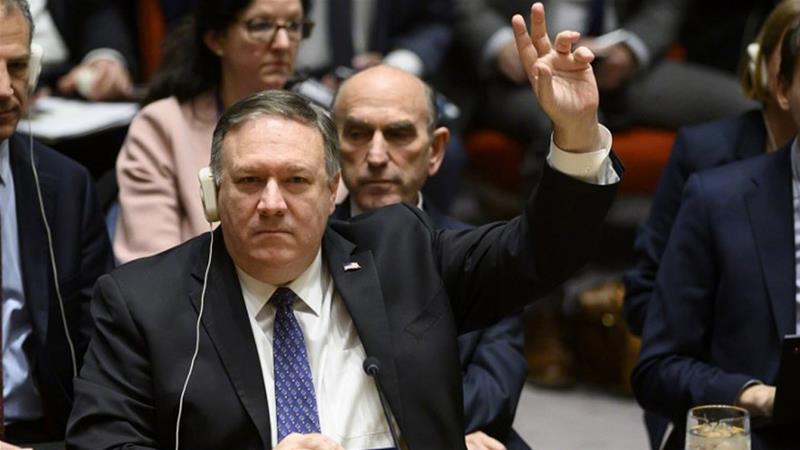 Pompeo called for free and fair elections as soon as possible in a speech at the UNSC [Johannes Eisele/AFP]