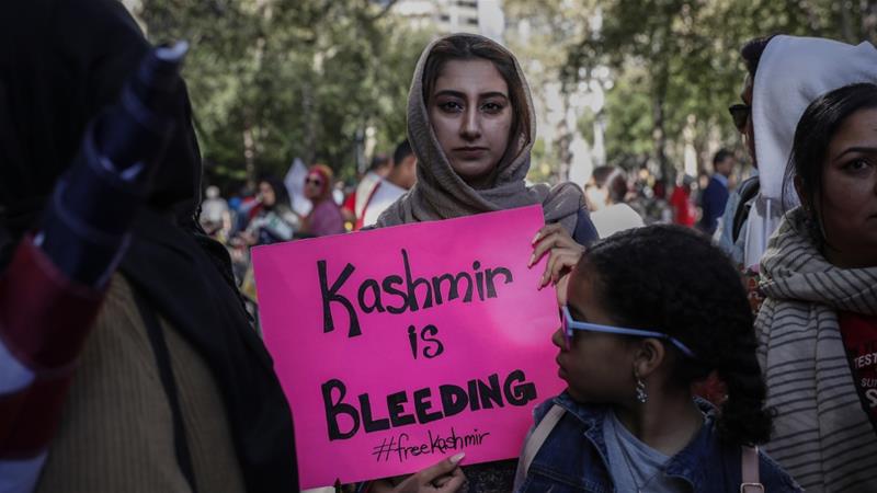 Demonstrators protest in solidarity with the people of Kashmir outside the United Nations headquarters in New York, US, September 27, 2019 [Shannon Stapleton/Reuters]