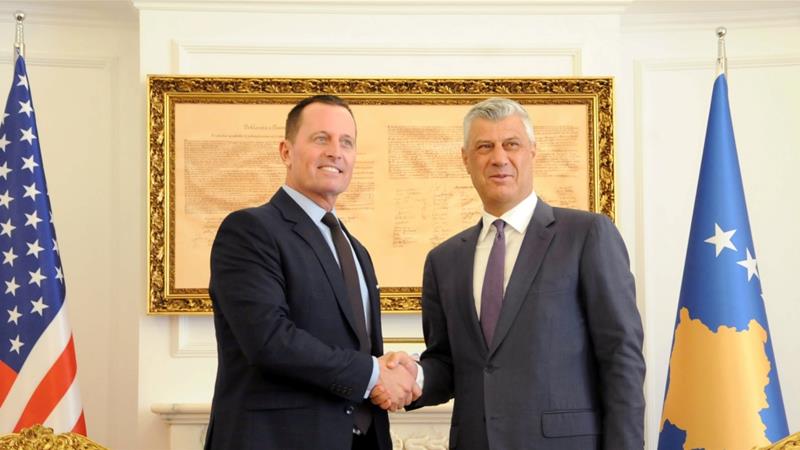 US special envoy Richard Grenell is welcomed by Kosovo President Hashim Thaci in Pristina, Kosovo on October 9, 2019 [Reuters/Laura Hasani]