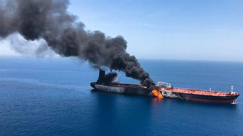 The crude oil tanker Front Altair on fire in the Gulf of Oman after Thursday's attack [File: EPA]