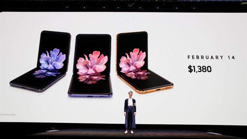 Rebecca Hirst, head of UK product marketing of Samsung Electronics, unveiled the Z Flip foldable smartphone during the Samsung Galaxy Unpacked 2020 event in San Francisco, California [Stephen Lam/Reuters]