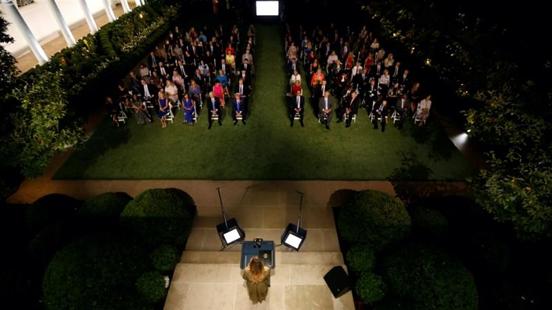 US First Lady Melania Trump addressed the largely virtual 2020 Republican National Convention from the Rose Garden of the White House as supporters of her husband, President Donald Trump, hailed his economic track record [Kevin Lamarque/Reuters]