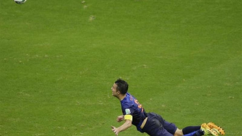 Mid-air, headed over the keeper into the back of the net. It's Robin van Persie [AP]