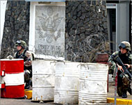American Marines guard the US Embassy in Monrovia 