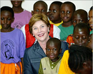 Laura Bush with Ugandan children