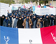 Protesters say hijab ban questionsFrench ''liberty, equality & fraternity'' 