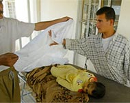 Hospital staff in Falluja cover thedead body of a two-year-old boy