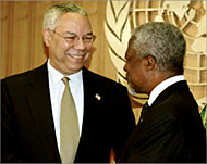 Powell (L) told the UN Iraq was an imminent threat to the world