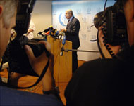 ElBaradei speaks to journalists at a news conference in Vienna