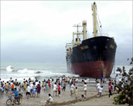 A ship was blown ashore in Chinaby the typhoon's powerful winds