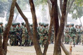 Bangladeshi army soldiers gather at Panthokunjo in Dhaka